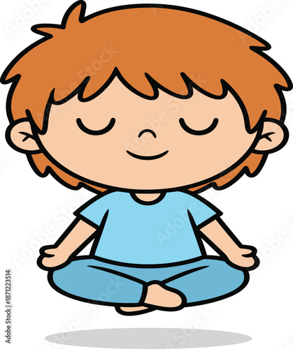Cartoon child meditating, mindfulness illustration, peaceful boy, yoga pose, levitating kid, calm character, blue outfit, serene expression, cross-legged sitting