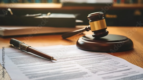 Judge's gavel and pen on legal documents in courtroom setting