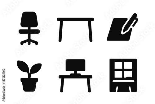 Simple black office equipment icons for modern workspace design