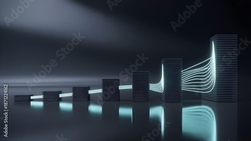 Bar chart with glowing data flow linking columns, symbolizing digital business growth and transformation through connectivity and analytics.