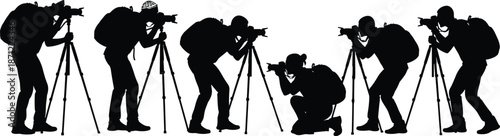 Silhouette sequence of photographers with cameras and tripods, wearing backpacks, capturing outdoor travel moments, diverse stances and dynamic photography techniques illustration