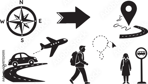 Travel and Transportation Icons in Black and White