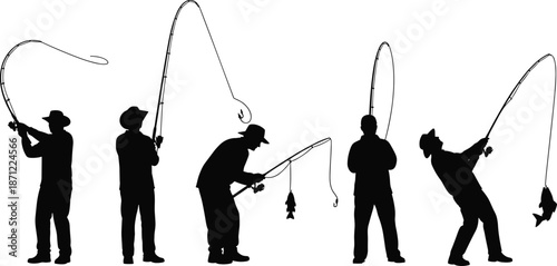 Silhouette sequence of fishermen in various poses with rods, casting lines, catching fish, dynamic outdoor fishing activity and technique illustration