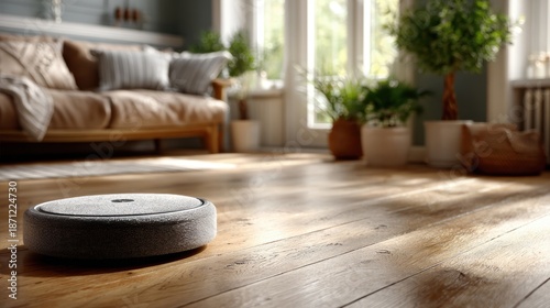 A robot vacuum cleaner on a newly installed hardwood floor, in a sunlit empty room