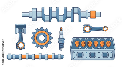 Car engine parts set showing automotive repair mechanics