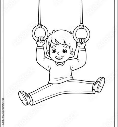 Cartoon child, gymnastics rings, athletic pose, smiling kid, split position, sports illustration, playful exercise, indoor activity, strength, flexibility, joy