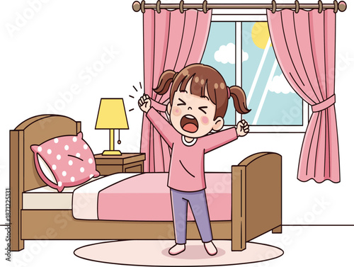 Cartoon child, morning routine, bedroom interior, pink decor, yawning girl, sunrise window, vector illustration, waking up, cozy atmosphere, home life