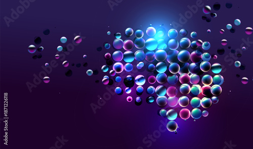 Brain made of 3d light balls vector background. AI technology concept. Science medical memory or psychology banner.