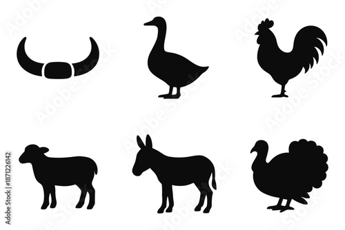Farm animal silhouettes: bull, duck, rooster, sheep, donkey, turkey