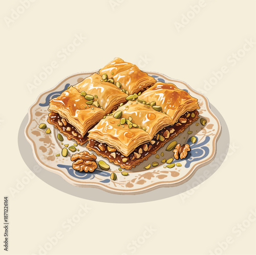 Traditional Baklava Dessert with Honey Syrup and Chopped Pistachios