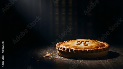 A delicious pie sits on a dark wooden table in a dimly lit room - Pi Day Background