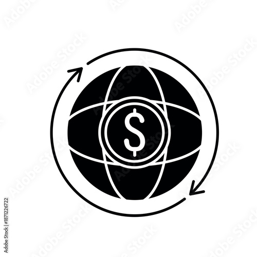 Icon a International world globe dollar sign exchange currency market, isolated against a clean background.
