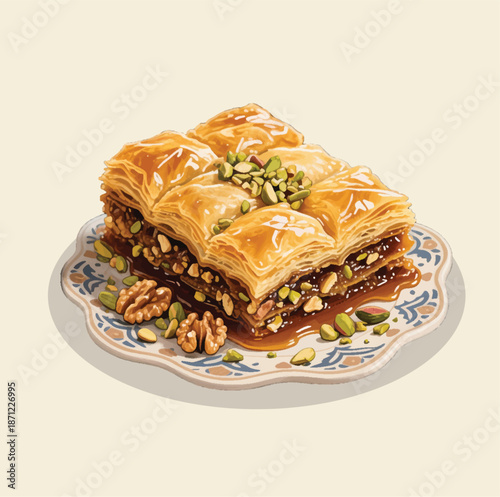 Traditional Baklava Dessert with Honey Syrup and Chopped Pistachios