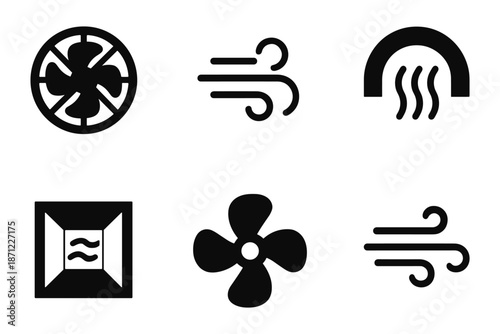 Black and white icons of ventilation and airflow symbols
