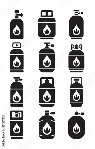 Black and white gas cylinder with flame symbols cylinders