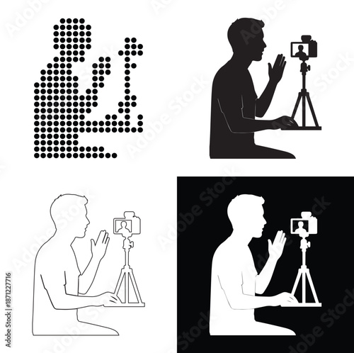 Content creator recording video with camera on tripod for online broadcast