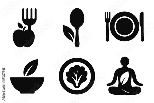 Healthy lifestyle icons: wellness, nutrition, and mindfulness silhouettes