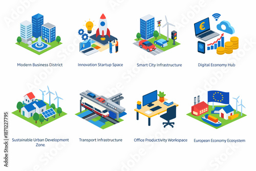 Isometric business and technology infrastructure icons showing smart city development, innovation startup, transport, digital economy, and sustainability