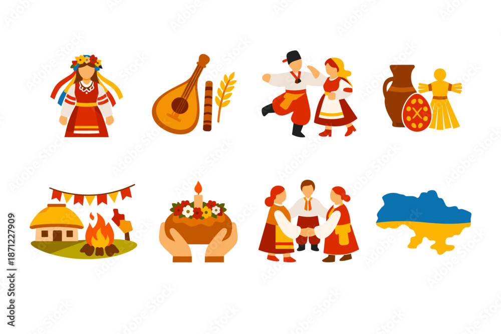 Fototapeta premium Set of Ukrainian folk culture icons with traditional costumes, dancers, musical instrument, wheat, pottery, bonfire, family, and map silhouette