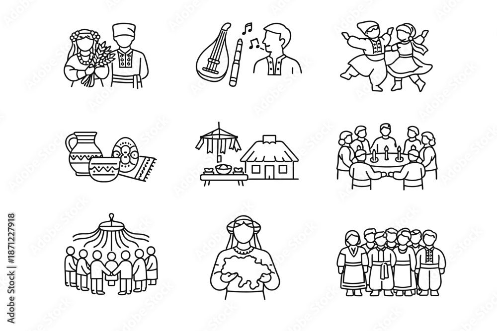 Obraz premium Line art set of traditional folk culture scenes with music, dancing, family gathering, village homes, celebration, and community ceremony icons