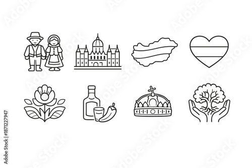 Minimal line icon set featuring folk couple, historic building, flag silhouette, heart emblem, flower, liquor bottle, crown, and caring hands tree