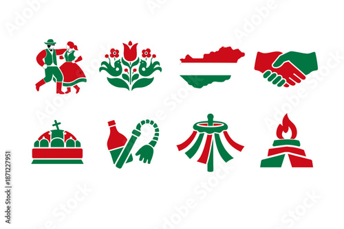 Set of traditional folk symbols including dancers, floral motif, national outline, handshake, bread dome, whip, ribboned pole, and ceremonial flame icons