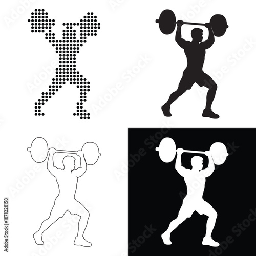 Dynamic silhouette of a weightlifter lifting a barbell, depicted in various artistic styles