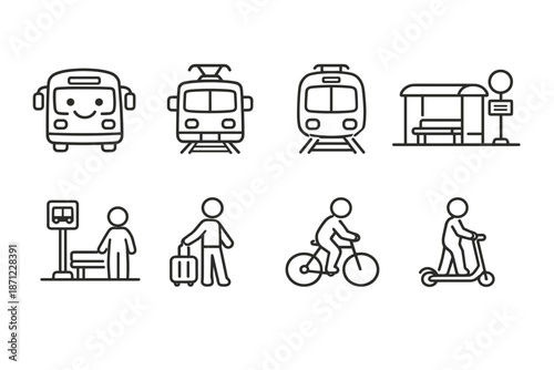 Minimal line icons set featuring train, tram, bus stop, station signage, passenger with luggage, cyclist, and scooter rider for urban transit