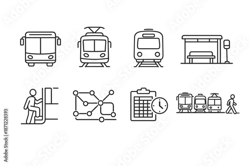 Minimal line icons set of public transportation elements including bus, tram, subway, station platform, route map, timetable clipboard, and pedestrian