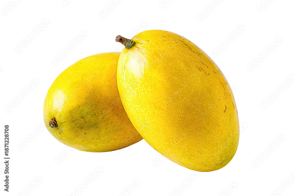 Fototapeta premium Two ripe, golden yellow mangoes, close-up