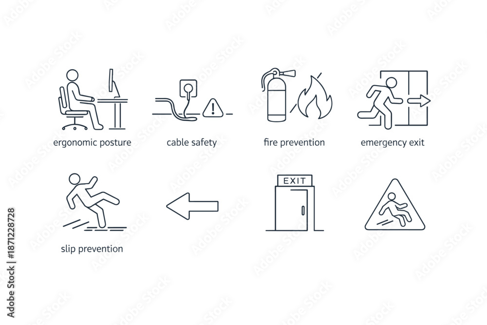 Fototapeta premium Workplace safety line icons set showing ergonomic posture, cable hazard warning, fire prevention equipment, emergency exit direction, and slip prevention