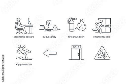 Workplace safety line icons set showing ergonomic posture, cable hazard warning, fire prevention equipment, emergency exit direction, and slip prevention
