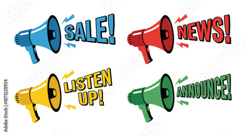 Megaphones communicating news, sale, and urgent announcements