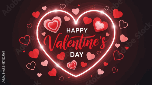 Happy Valentine's Day greeting card with glowing heart frame and small hearts on dark background, romantic concept.