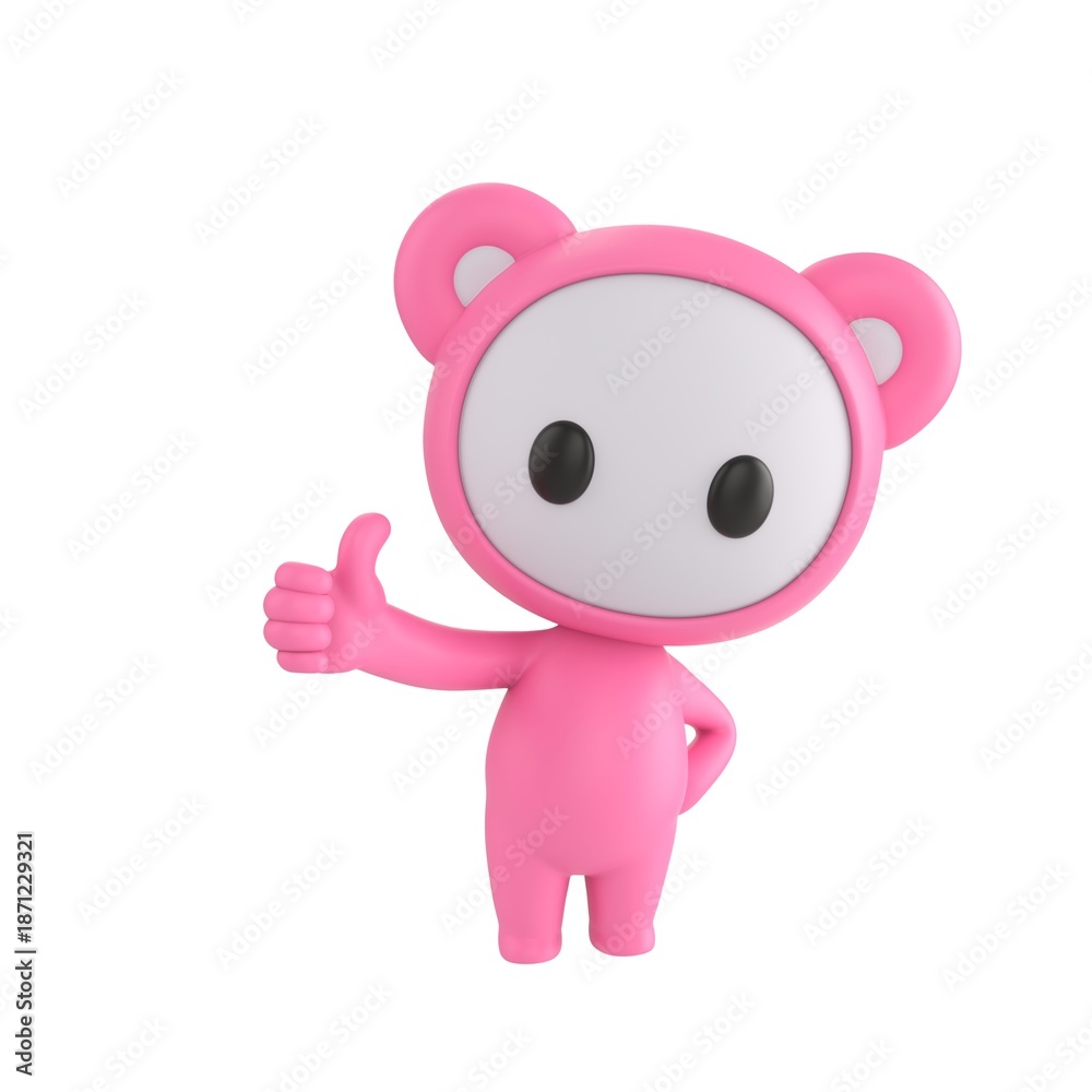 Obraz premium Cute 3D render Little Pink Monster character giving a thumbs up with one hand while the other hand rests on the hip, confident and friendly mascot style, isolated on white background.