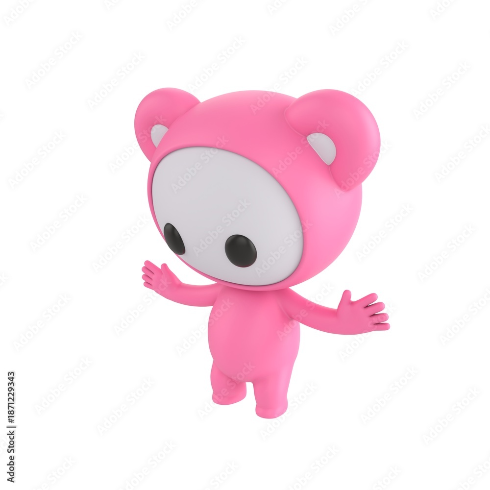 Fototapeta premium Cute 3D render Little Pink Monster character standing still and reacting with surprise to something in front, shocked and expressive mascot style, isolated on white background.