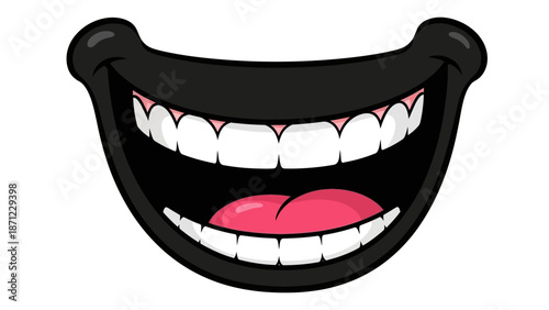 Cartoon Mouth with a Wide Happy Smile and White Teeth on an Isolated White Background.