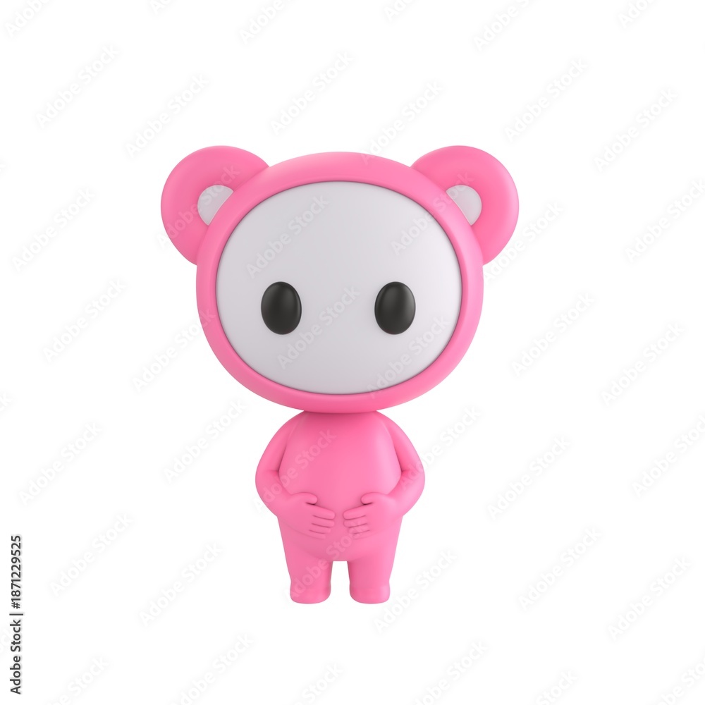 Fototapeta premium Cute 3D render Little Pink Monster character standing politely with both hands gently placed on the stomach, calm and respectful posture, friendly mascot style, isolated on white background.