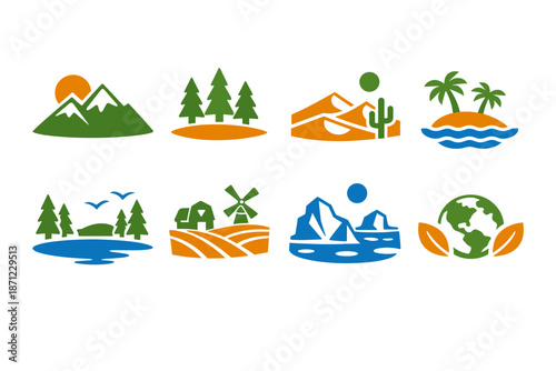 Colorful eco landscape icon set featuring mountains, forests, desert, tropical island, lake, farmland, polar icebergs, and global sustainability theme