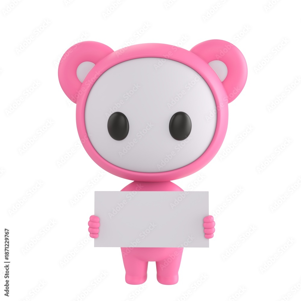 Fototapeta premium Cute 3D render Little Pink Monster character standing and holding a small blank white sign, neutral and versatile pose for messages or announcements, isolated on white background.