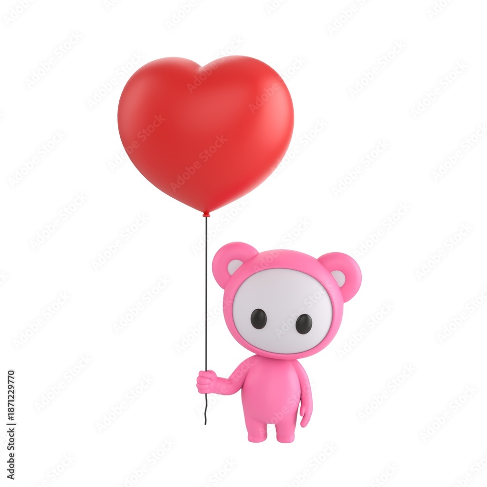 Fototapeta premium Cute 3D render Little Pink Monster character standing and holding a heart-shaped balloon, sweet and affectionate pose, isolated on white background.