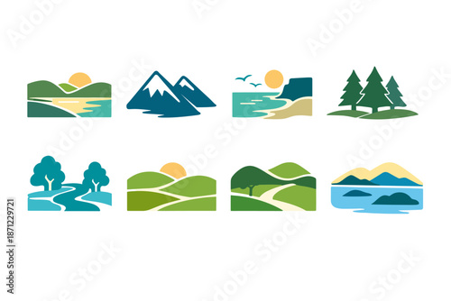 Set of minimalist landscape icons featuring mountains, hills, forests, rivers, lakes, coastline, sunrise, and scenic nature views in flat design