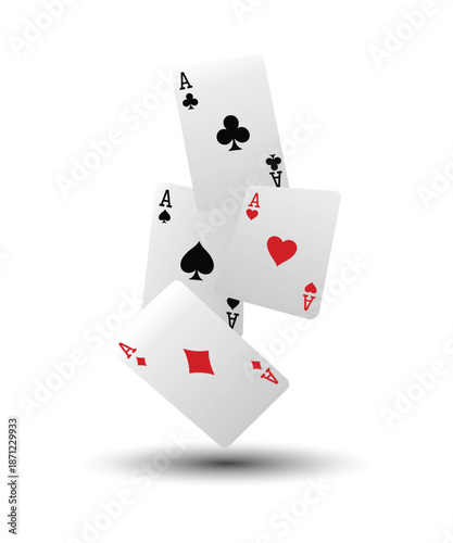 Falling ace playing cards, all four suits, floating above an oval shadow