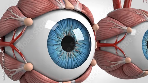 Anatomical illustration of human eye with muscles and blood vessels