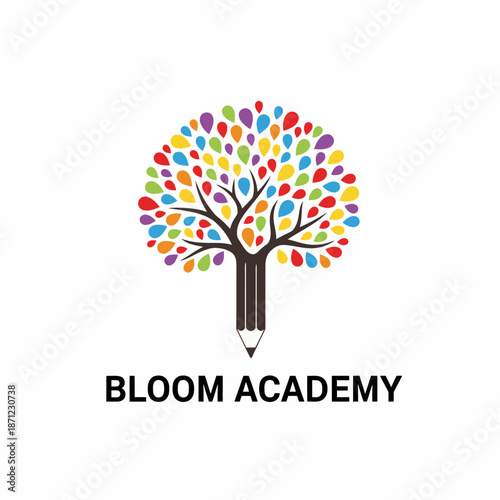 Colorful tree logo with a pencil trunk and vibrant leaves for a creative education academy