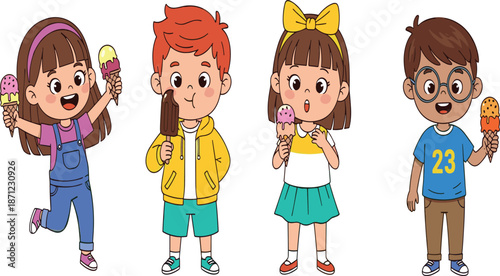 Cartoon children enjoying colorful ice cream treats in summer outfits, expressing happiness, friendship, fun, and sweet moments of childhood joy