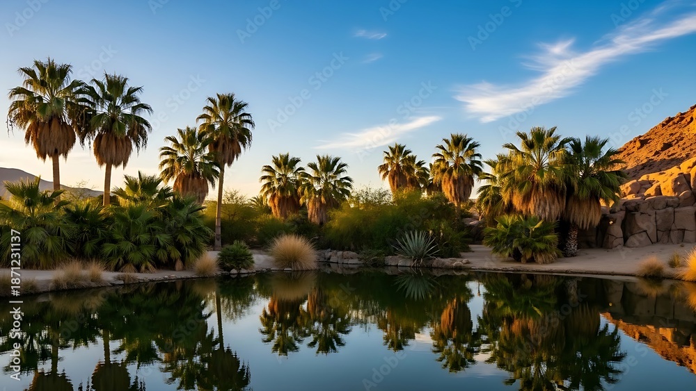 Fototapeta premium A tranquil desert oasis featuring lush green palm trees reflecting in a calm pond against golden rocky hills at sunset