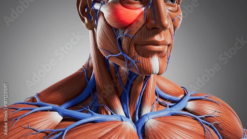 Anatomical illustration of human face muscles and blood vessels