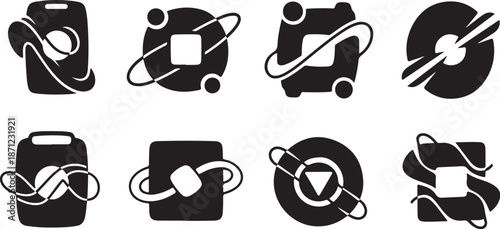Black and white icons with orbiting rings and shapes