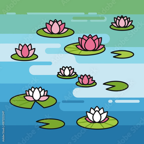 Pink and white water lilies float on a blue pond.